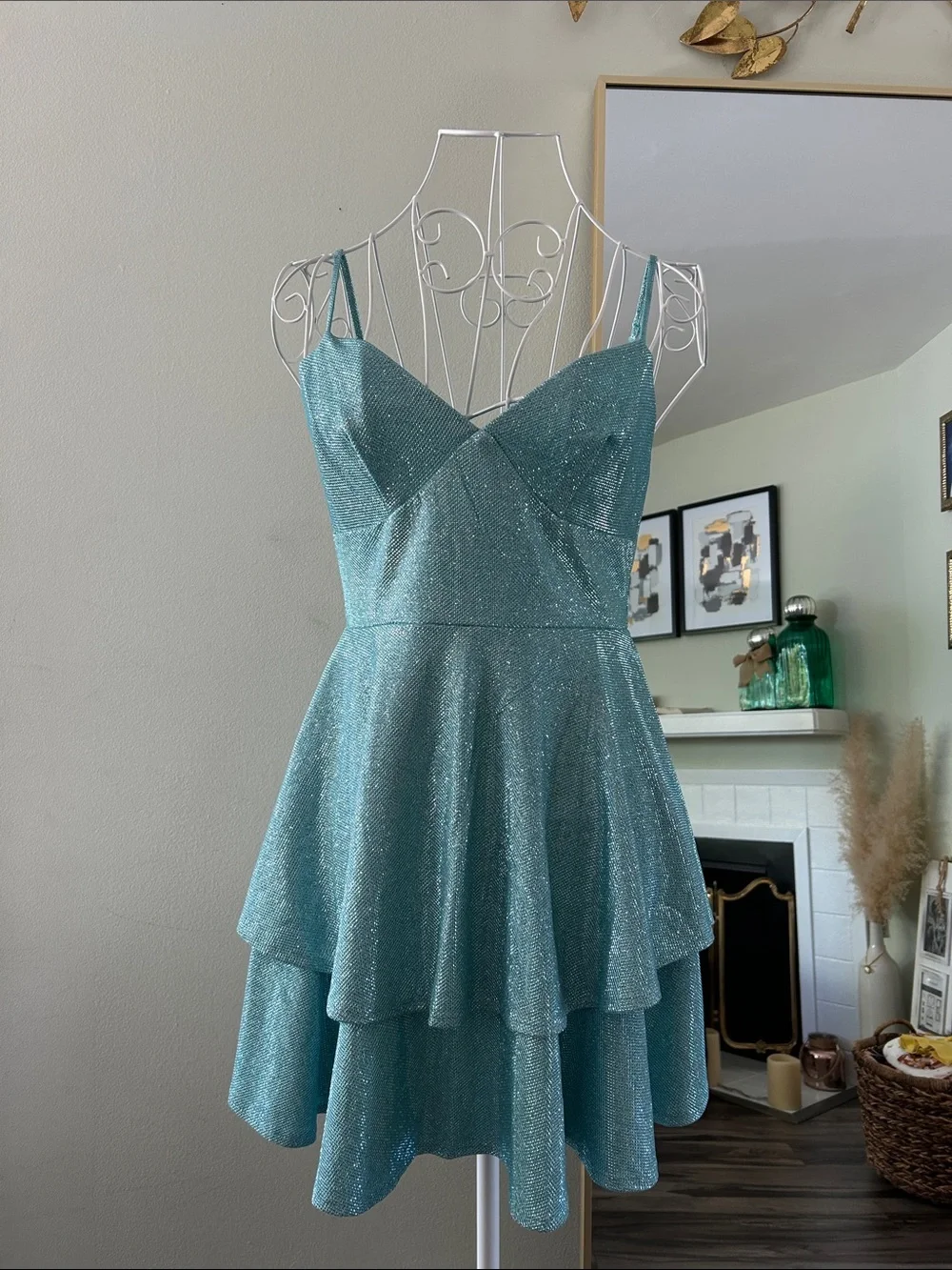 b. darlin dresses Womens Juniors Embroidered Mini Fit & Flare Dress bat mitzvah and special events. B Darlin Teal Sparkle Layered